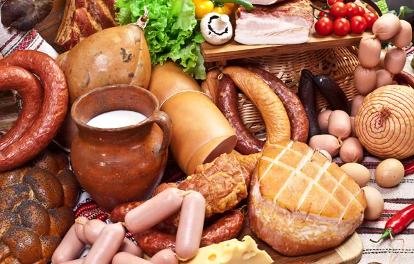 Сосиски, яйца, сыр, молоко, мясо, перец, кувшин, овощи