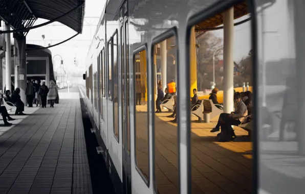 Картинка Train, station, people, black and white, situation, waiting, platform, benches