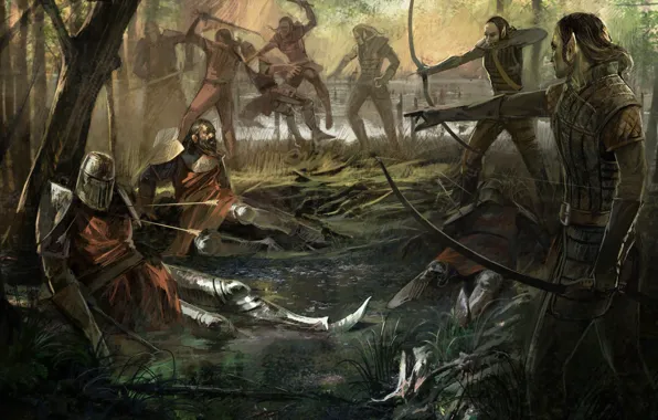 Elves, Warriors, execution, armors, bows and arrows