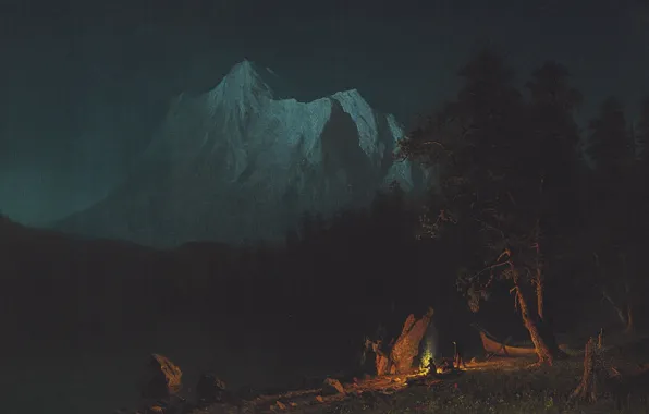 Картинка пейзаж, горы, ночь, картина, Альберт Бирштадт, Горный Пейзаж в Лунном Свете