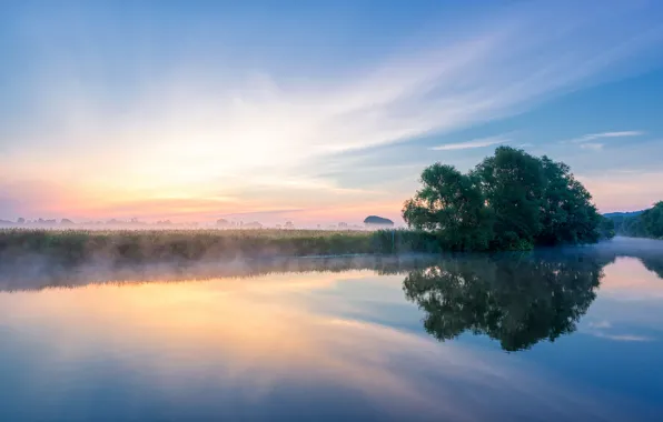 Картинка лето, туман, Англия, утро, река Эйвон, графство Вустершир
