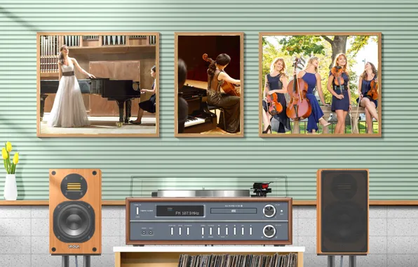 Music, dress, piano, cello, tulip, audio, speaker, record player