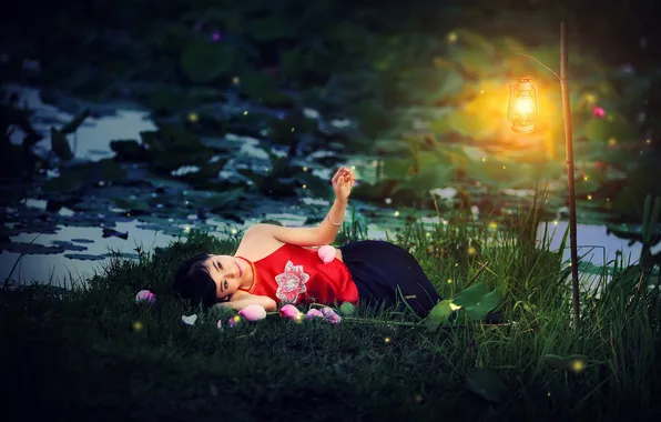 Картинка лето, девушка, цветы, лампа, азиатка