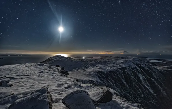 Картинка небо, луна, гора, звёзды, Шотландия, Scotland, звёздная ночь, Ben More Coigach