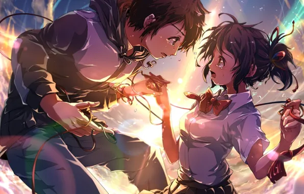 Небо, сияние, встреча, вспышка, слезы, красная нить, школьники, Kimi no Na wa