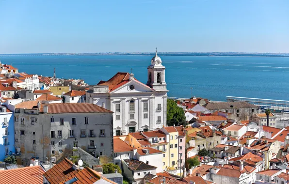 Море, здания, дома, крыши, Португалия, Лиссабон, Portugal, Lisbon