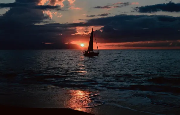 Океан, побережье, лодка, вечер, парус, Mexico, Puerto Vallarta