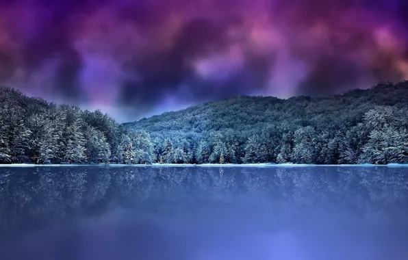 Картинка зима, лес, облака, горы, ночь, озеро
