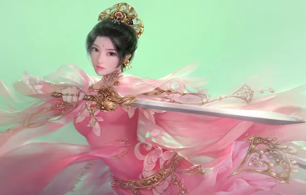 Девушка, оружие, меч, фэнтези, арт, в розовом