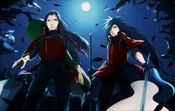 Ночь, луна, листва, naruto, art, Madara, Hashirama