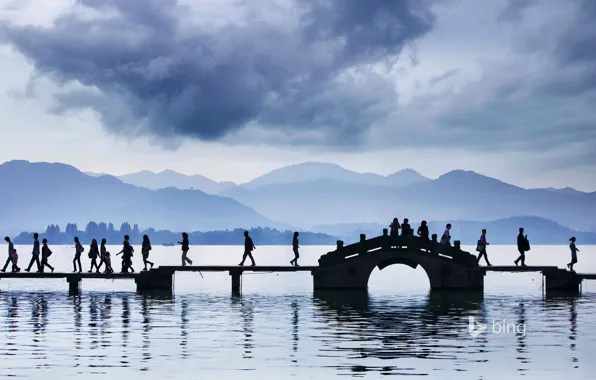 Мост, озеро, люди, Китай, Hangzhou, west lake