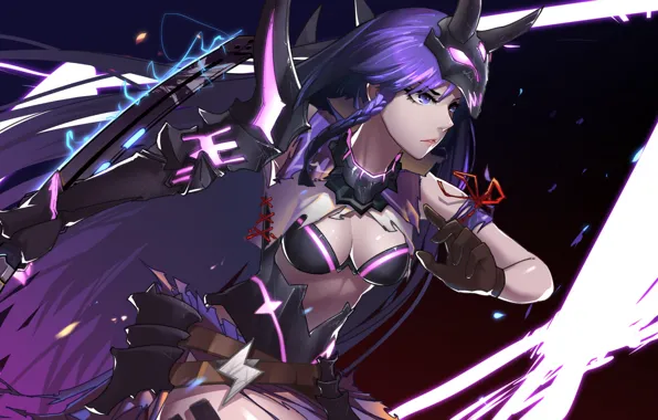 Картинка girl, sword, cleavage, horns, breast, anime, purple eyes, katana