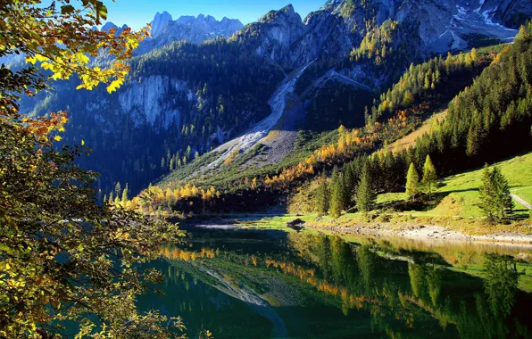 Осень, лес, солнце, деревья, горы, озеро, скалы, Austria