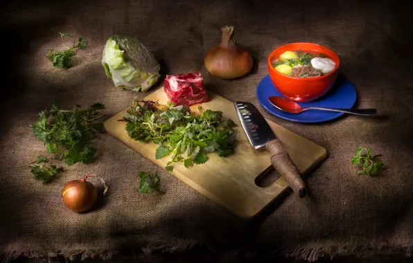 Суп, мясо, натюрморт, капуста, крапива