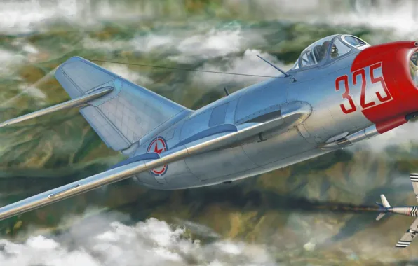 War, art, airplane, painting, aviation, jet, Mikoyan-Gurevich MiG-15