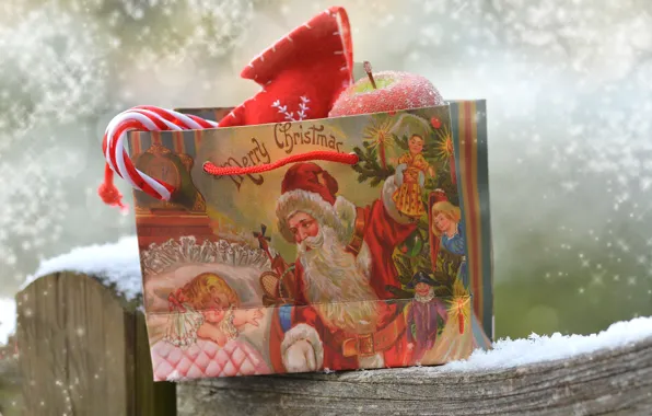 Картинка снег, подарок, пакет, Рождество, Новый год