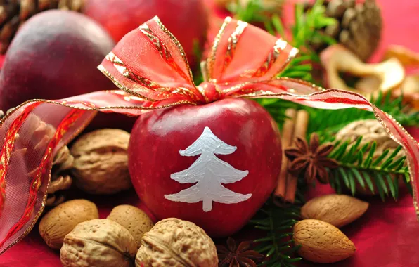 Картинка стол, праздник, яблоки, новый год, лента, christmas, орехи, корица