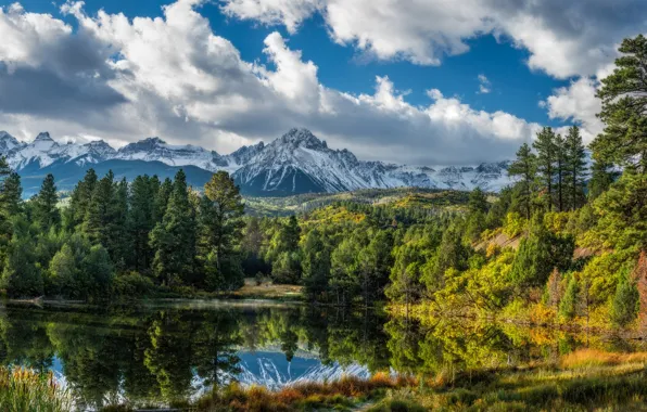 Картинка лес, горы, озеро, отражение, Колорадо, Colorado, San Juan Mountains, Горы Сан Хуан