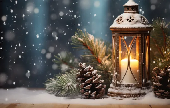 Картинка зима, снег, ночь, Рождество, фонарь, Новый год, Christmas, night