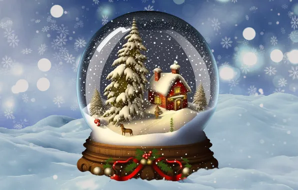 Картинка зима, снег, украшения, фон, елка, шар, Новый Год, Рождество