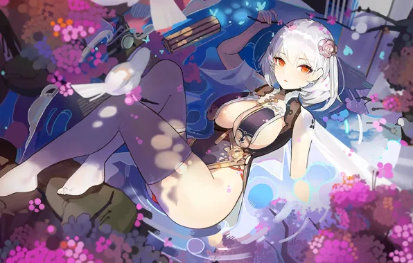 Girl, sexy, ass, cleavage, panties, thighhighs, long hair, dress