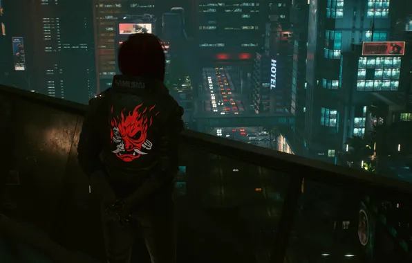 Девушка, ночь, город, огни, окна, киберпанк, cyberpunk 2077
