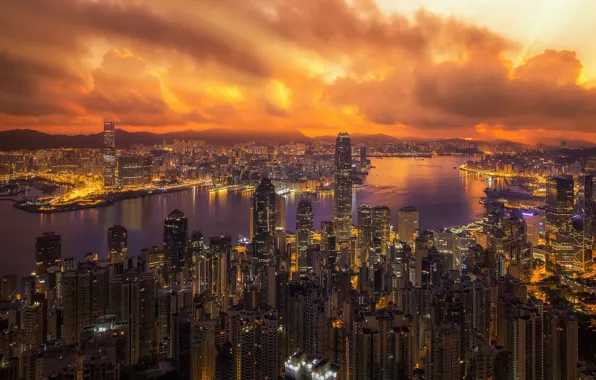 Ночь, город, здания, дороги, Гонконг, Китай
