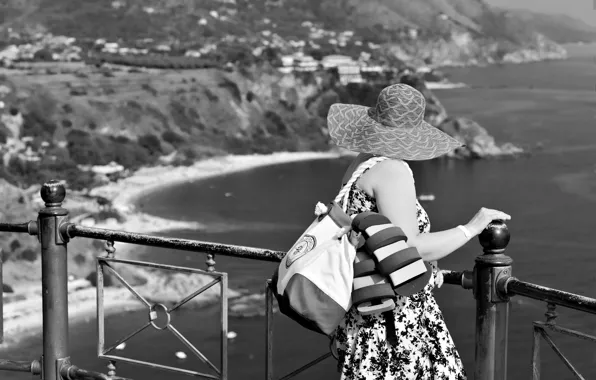 Sea, woman, bay, cliff, overlook