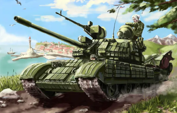 Картинка город, флаг, солдат, танк, пулемет, россия, T-55