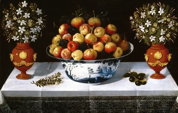 Картинка картина, Томас Хепес, Натюрморт с Фруктами и Цветами в Вазах