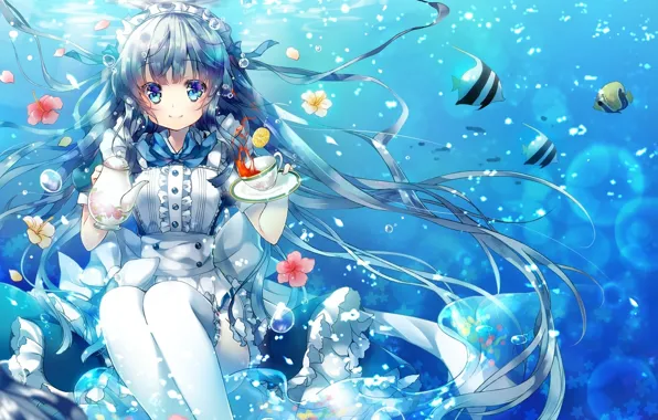 Картинка девушка, рыбки, цветы, пузыри, чай, аниме, арт, чашка