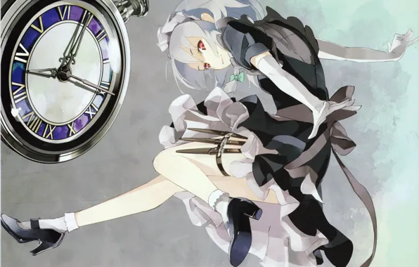 Прыжок, часы, туфли, циферблат, ножи, серый фон, touhou, art