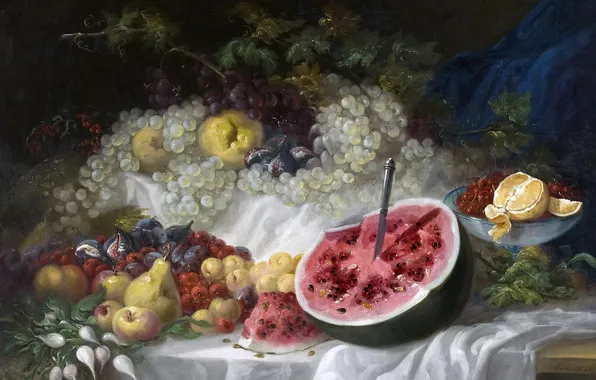 Картинка ягоды, картина, арбуз, фрукты, Натюрморт, Эухенио Лукас Веласкес