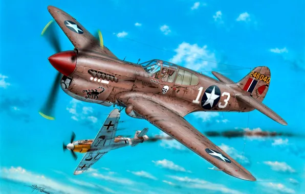 Картинка истребитель, Bf.109, WWII, Боевой самолёт, P-40K, 57th Fighter Group, 64th Fighter Squadron, Lt R.Johnson