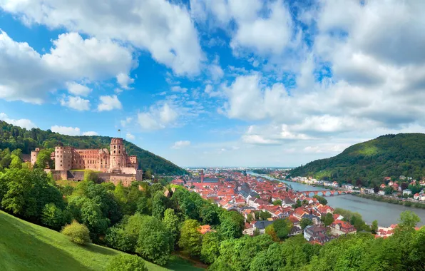 Облака, река, красота, Heidelberg, Гейдельбергский замок, Heidelberg Castle, Вюртемберг, Гейдельберг