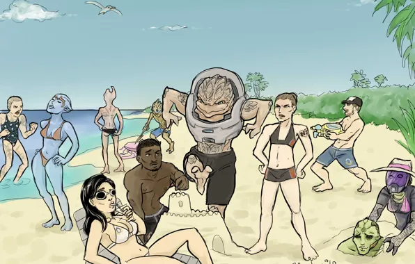 Картинка песок, море, замок, отдых, отпуск, команда, sea, Mass Effect