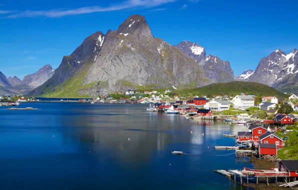 Море, горы, побережье, Норвегия, городок, Лофотенские острова, Норвежское море, Lofoten
