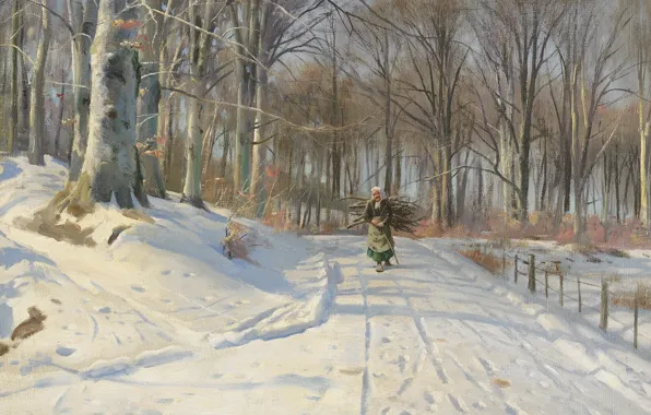 1932, датский живописец, Петер Мёрк Мёнстед, Peder Mørk Mønsted, Danish realist painter, Зимний день в …