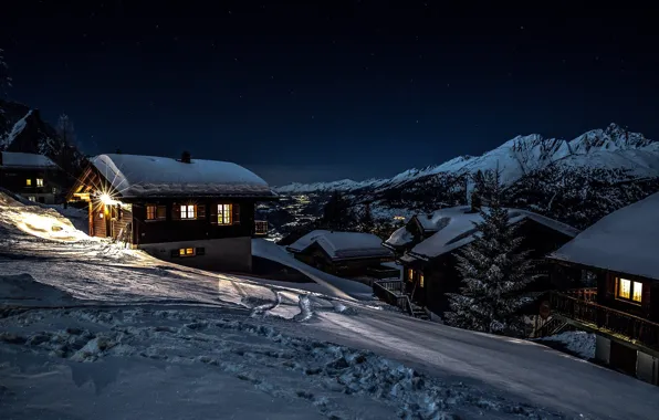 Картинка зима, снег, пейзаж, горы, ночь, природа, село, дома