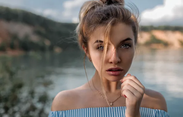 Взгляд, солнце, пейзаж, река, модель, рука, портрет, макияж
