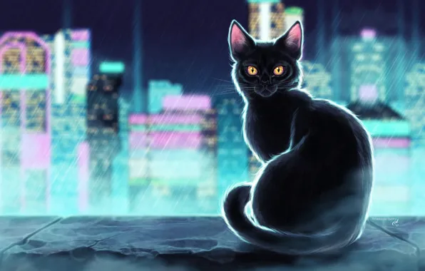 Черный, Рисунок, Город, Неон, Кот, Дождь, Арт, Illustration