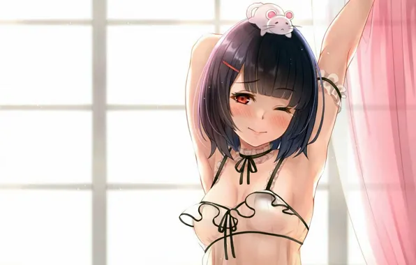Girl, sexy, cleavage, blouse, boobs, anime, beautiful, red eyes