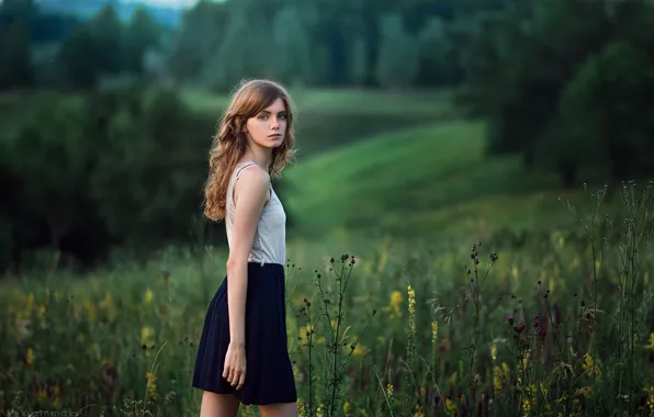 Глаза, взгляд, девушка, цветы, природа, юбка, голубые, прелесть