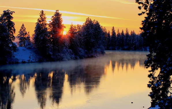 Картинка зима, небо, солнце, снег, деревья, закат, река, берега