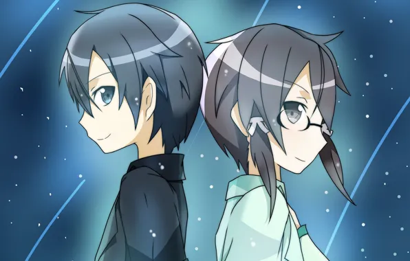 Аниме, арт, Фон, Двое, Sword Art Online, Кирито, Синон, Звездное небо