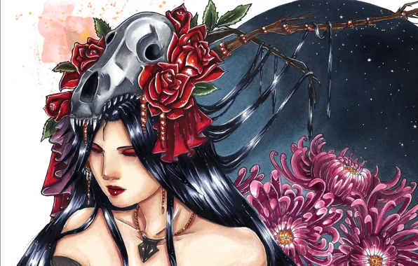 Картинка девушка, украшения, цветы, лицо, луна, волосы, япония, череп