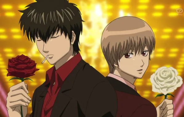 Роза, сигарета, gintama, гинтама, два парня, спина к спине, okita sougo, hijikata toushirou