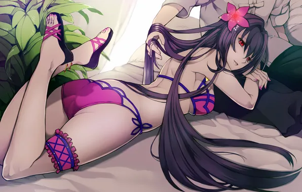 Girl, sexy, ass, cleavage, flower, long hair, legs, boobs