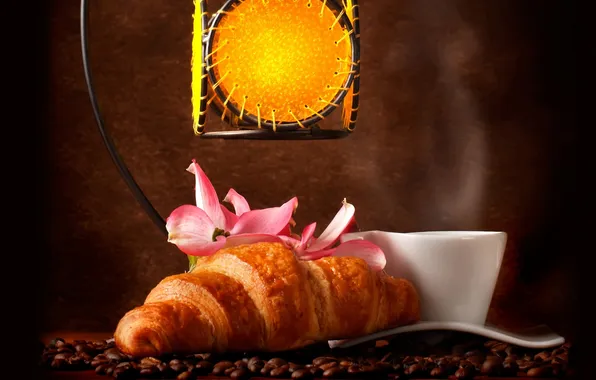 Кофе, кофейные зерна, аромат, coffee, круассаны, pink flowers, croissants, aroma coffee beans