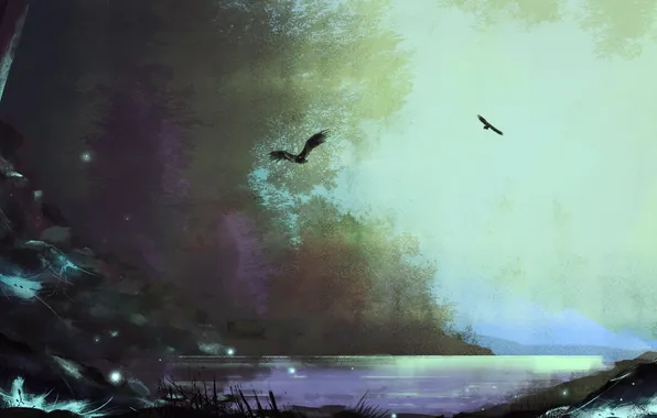 Картинка птицы, ночь, река, светлячки, нарисованный пейзаж